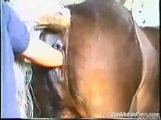 Mature goes wild on the horse's huge penis