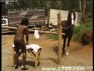 Black babe surrenders her black pussy to a horse