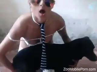 Hot girl in shades is sucking a dog's juicer