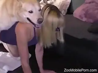 Blondie in a sexy mask is going to screw a dog